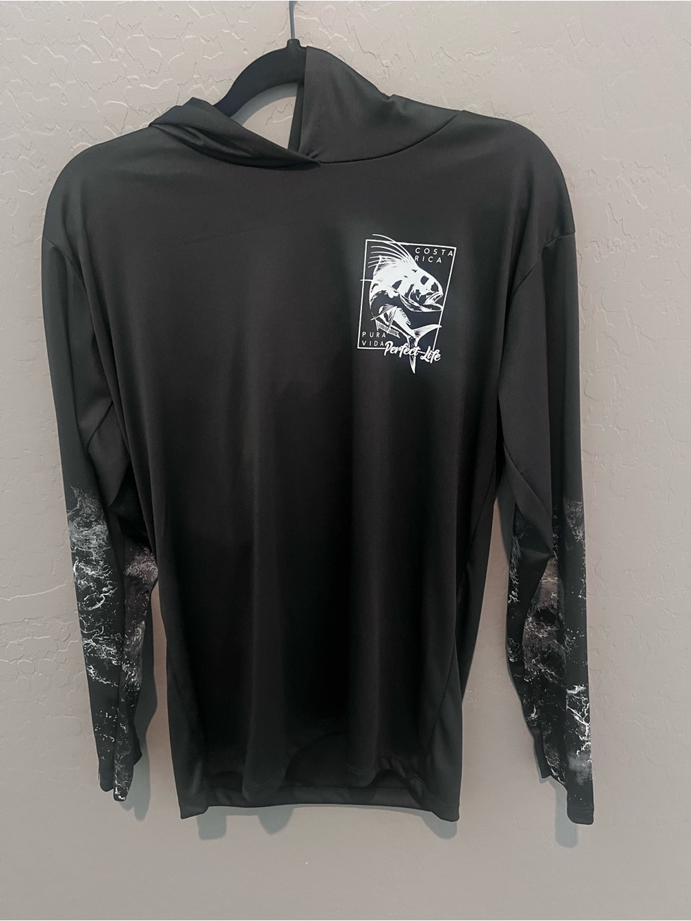 Black Hooded Long-Sleeve Pullover with White Graphic